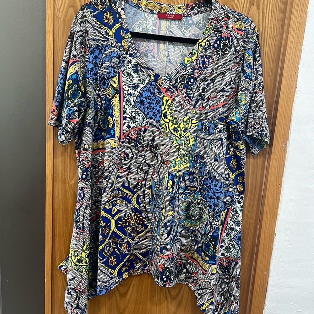 Cyrus Woman 1X V-Neck Short Sleeves High Low Tunic Top